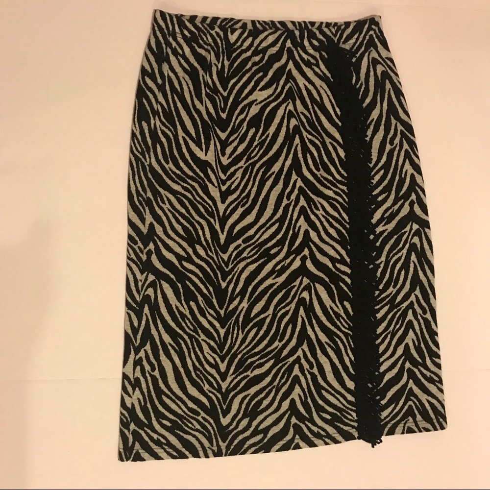 Black/White Zebra Striped Skirt w/black Fringe